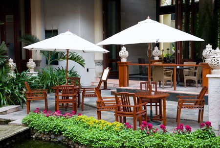 Outdoor cafe at hotel garden, Eadry Resort Sanya, Hainan Island, Chinaのeditorial素材