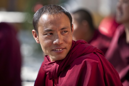 Lhasa, China - October,7, 2011: A tibetan Buddist monk portrait at Sera Monastery, Lhasa, Tibet.のeditorial素材