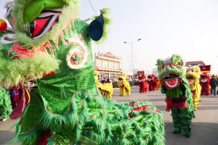 Yu County, Hebei province, China - February 5th, 2012: Chinese people celebrated Lantern Festival by showing traditional lion dancing.のeditorial素材