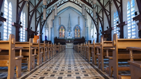Church Sanctuary interior, holy and tranquil, the Church located at Puerto Princesa, Palawan, Philippines のeditorial素材