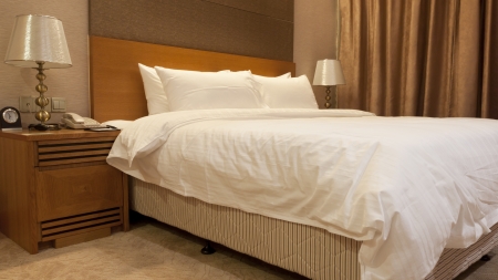 Hotel bedroom details, pillow and quilt, Golden Seven Hotel, Suzhou, Chinaのeditorial素材