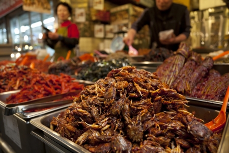 Seoul, South Korea - April 27, 2013: Vendors are selling kimchi at local market. Kimchi, the staple Korean food, is long-term fermented vegetables served as a side dish. the Gwangjang Market is the nationのeditorial素材