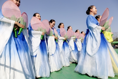 Seoul, South Korea - May 11, 2013: Actresses are performing at Buddhist Cheer Rally for celebration of Lotus Lantern Festival, Dongguk University Stadium, Seoul, South Korea. Buddha?s birthday is a major event on the Korean calendar and the Lotus Lanternのeditorial素材