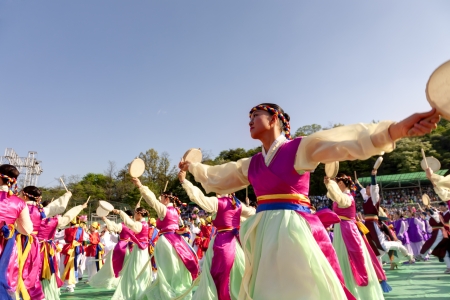 Seoul, South Korea - May 11, 2013  Actresses are performing at Buddhist Cheer Rally for celebration of Lotus Lantern Festival, Dongguk University Stadium, Seoul, South Korea  Buddha s birthday is a major event on the Korean calendar and the Lotus Lanternのeditorial素材