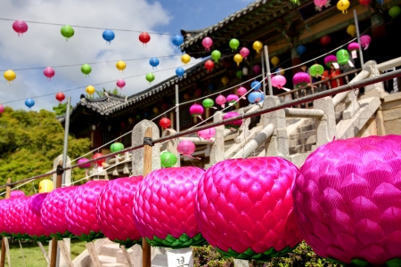 Multi-colored lanterns hanging up in the temple of Bulguksa for celebrating Buddhas birthday, South Korea のeditorial素材