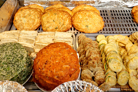 Korean pancake sold on market stallの写真素材