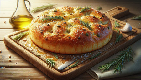 Baked round pie with rosemary and spices on a wooden board