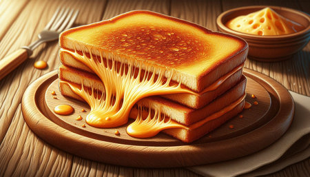 Slice of toast bread with honey on wooden table, closeup