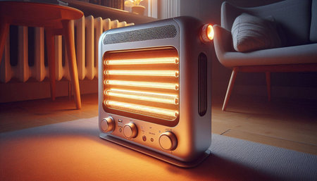 3d rendering of a vintage electric heater in a cozy room with a sofa