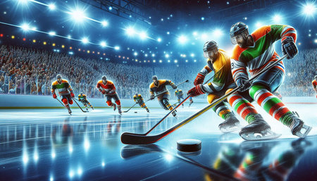 Ice hockey players on ice rink. 3d render. Sport background.