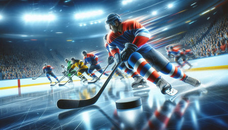 Ice hockey players in action on ice rink. 3D rendering.