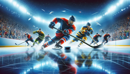 Ice hockey players in action on ice rink. 3D rendering.