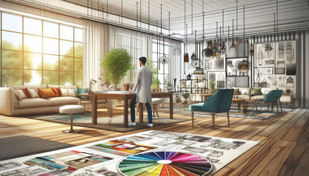 Man in modern living room interior with furniture and color palette. Mixed media