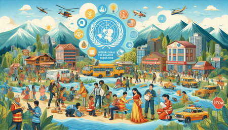 Cartoon cityscape with people on the beach, road, cars and buildings, illustration for children