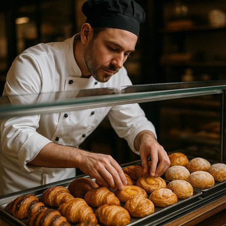 Young male baker in uniform making fresh croissants in bakery.