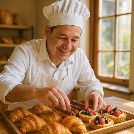 Portrait of smiling male pastry chef making croissants in bakery