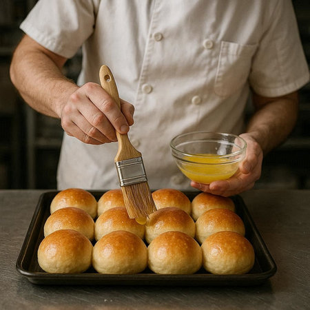 Baker making homemade buns with honey and a brush in the kitchen