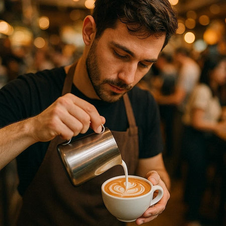 Barista pouring milk into cup of cappuccino in coffee shop