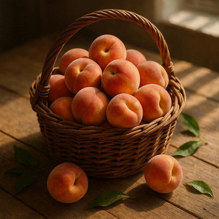 Ripe apricots in a wicker basket on a wooden table