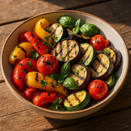 Grilled vegetables - eggplant, zucchini, cherry tomatoes and aubergine in a bowl on a wooden background