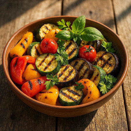 Grilled vegetables in a bowl on a wooden table, selective focus