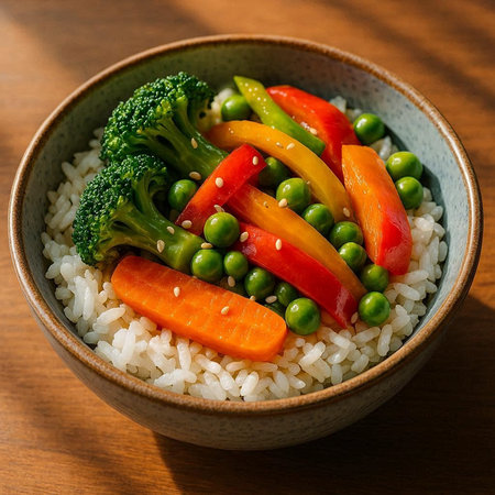 Rice with vegetables in a bowl on a wooden background. Close-up.