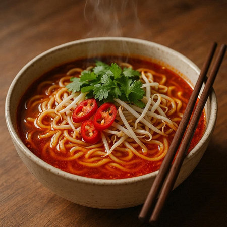 Bowl of udon noodles with chili and parsley on wooden table
