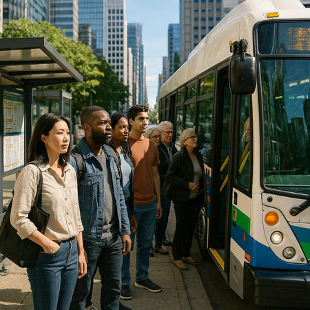 Group of young multiracial people walking in a bus station.