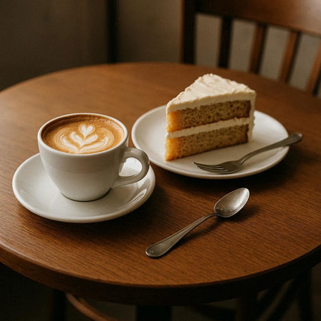 A cup of coffee and a piece of cake on a wooden table