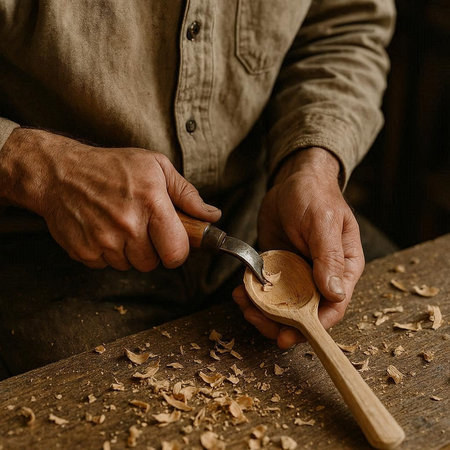 Carpenter working in his workshop, using a wooden spatula