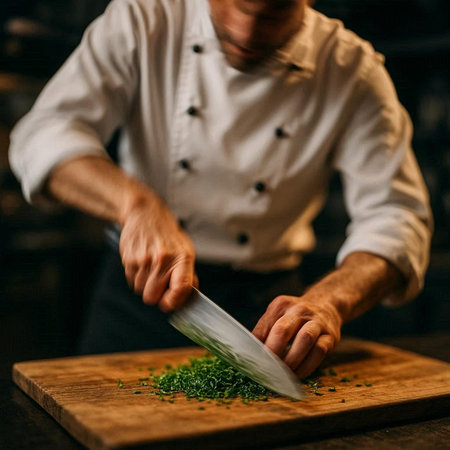 Chef cutting parsley on a wooden board in a restaurant kitchen