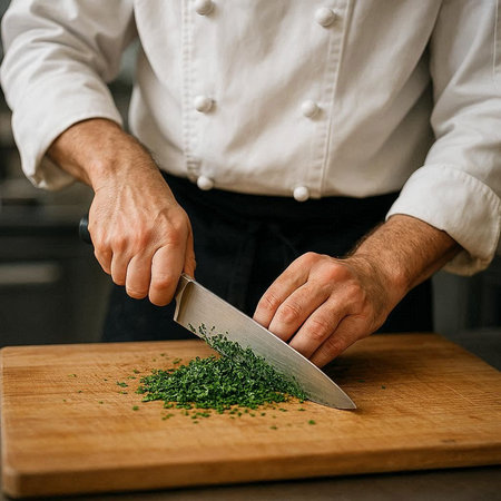 Chef cutting dill on a wooden board in a restaurant kitchen