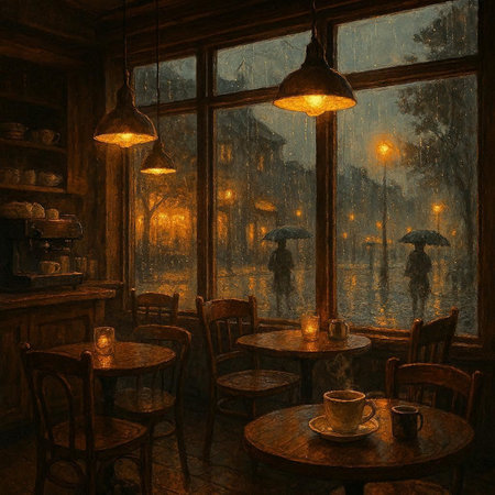 Interior of a cafe with a view of the foggy misty window