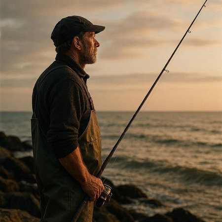 Senior man fishing with a rod on the beach at sunset in summer