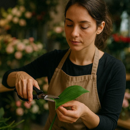 Female florist cutting a plant with scissors in a flower shop