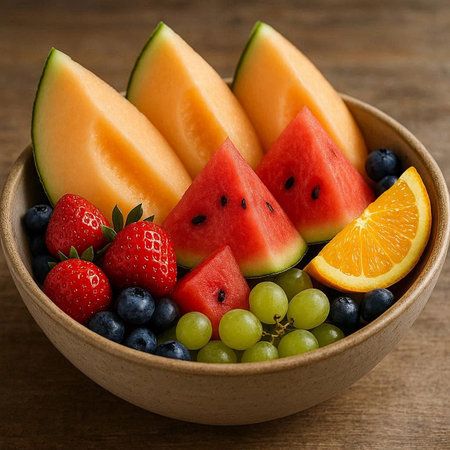 Watermelon, blueberry, strawberry and orange fruit salad in wooden bowl
