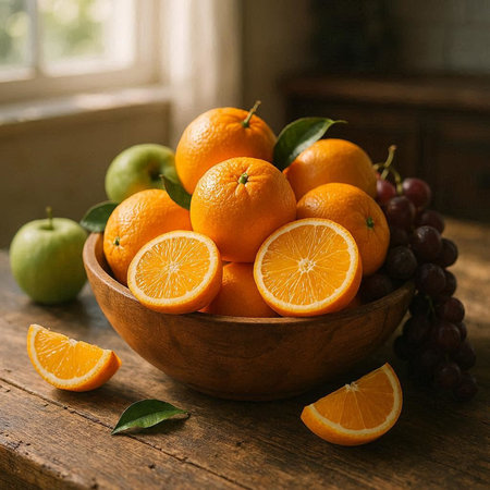 Fresh oranges in a wooden bowl on a rustic wooden table.