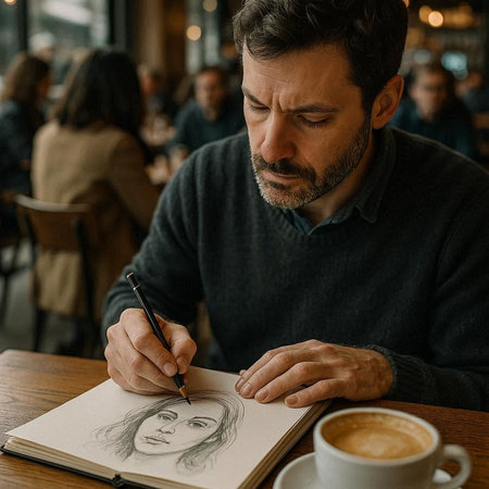 Portrait of a handsome mature man drawing a picture in a cafe