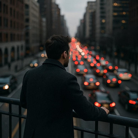 Man in a black coat standing on a bridge in New York.