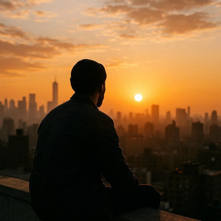Silhouette of a man watching the sunset in New York City