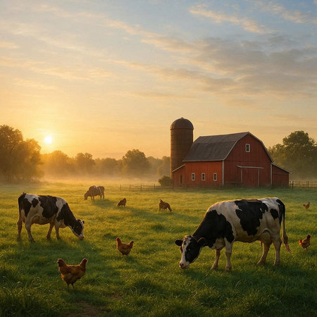 Sunrise in the meadow with cows and chicken. Rural landscape.