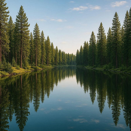 Reflection of pine trees in the lake. Beautiful summer landscape.