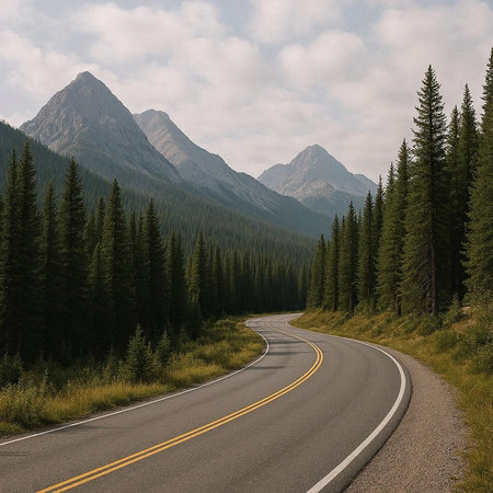 Road in the mountains with trees in the foreground, 3d render