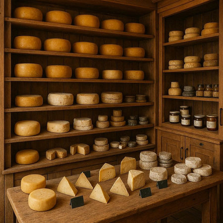 Cheese collection on wooden shelves in the cellar.