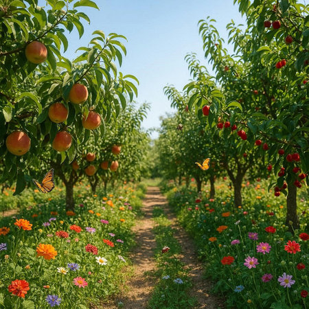 Peach orchard in summer with red and yellow flowers and butterfly