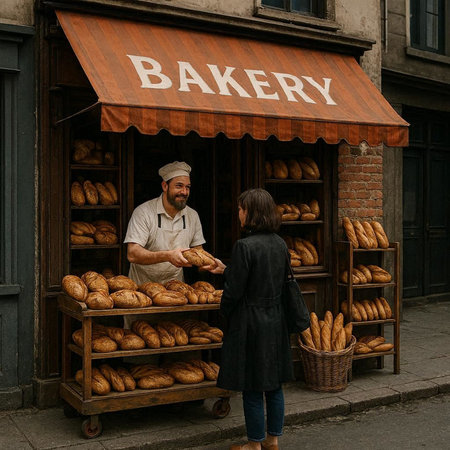 Baker sells bread in the street. A man and a woman are buying bread.