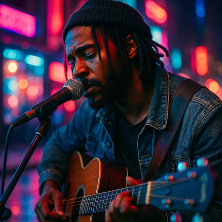 Portrait of african american musician playing acoustic guitar in nightclub.