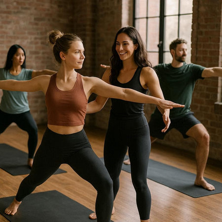 Group of young people practicing yoga in a gym. Group of people practicing yoga together.
