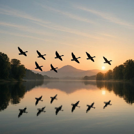 Silhouette of a flock of geese flying over a lake at sunrise