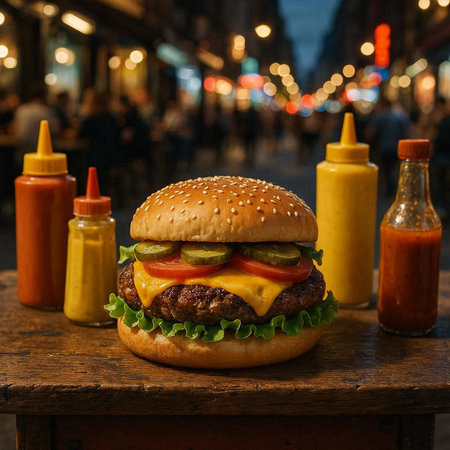 Hamburger on a wooden table with ketchup and mustard in the background